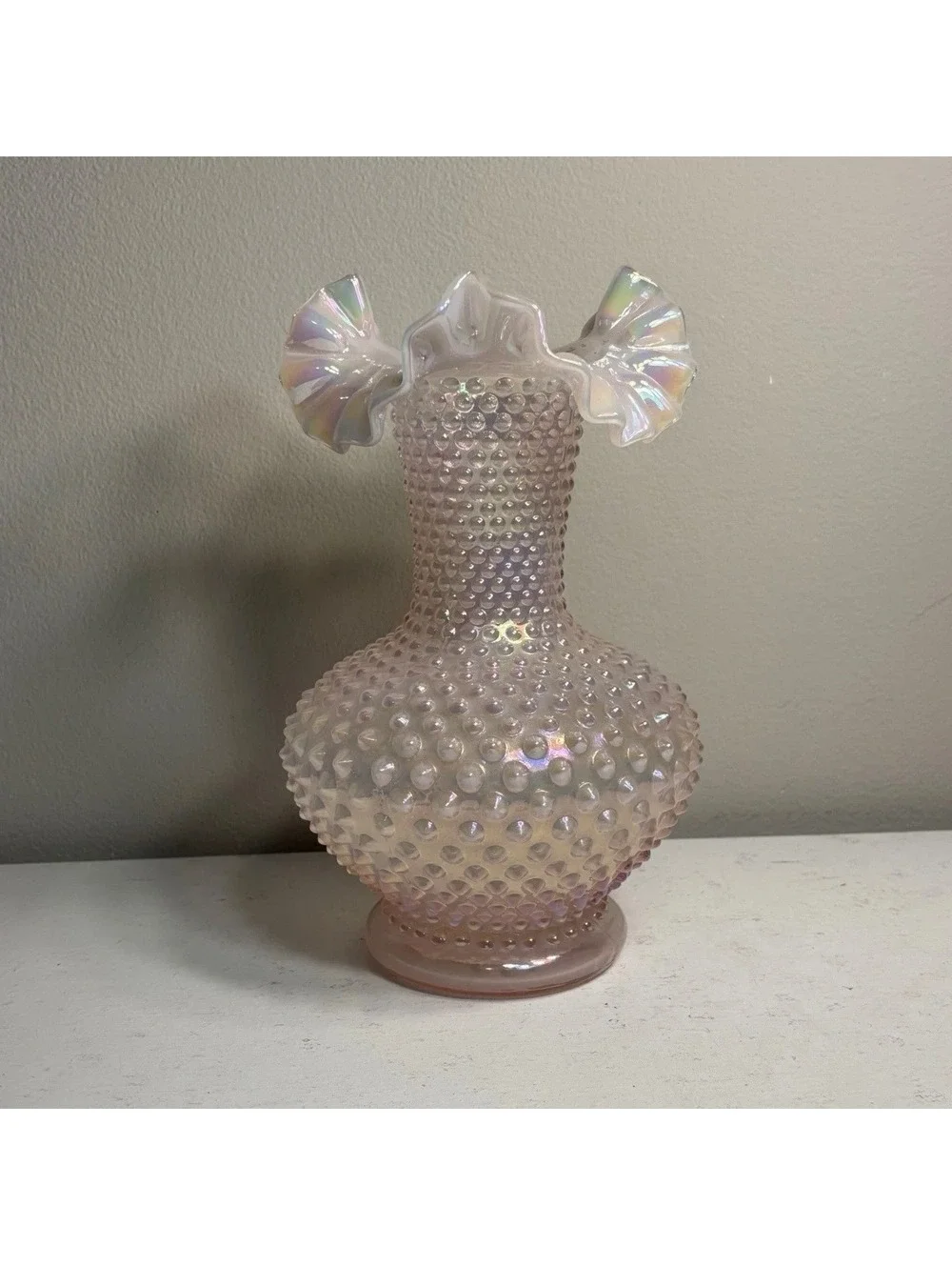 Fenton Iridescent Opalescent Champagne Pink Hobnail Double Crimped Vase 10 1/2